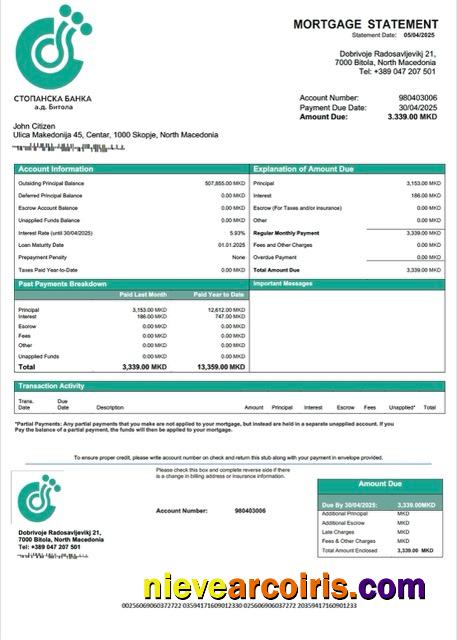 North Macedonia Stopanska Banka AD Bitola mortgage statement Word and PDF template